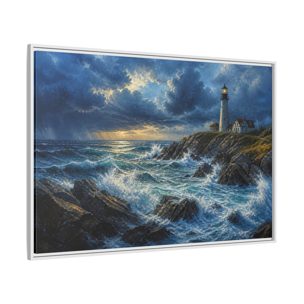 Side Mockup 7. Stormy Lighthouse Landscape shown as framed canvas print