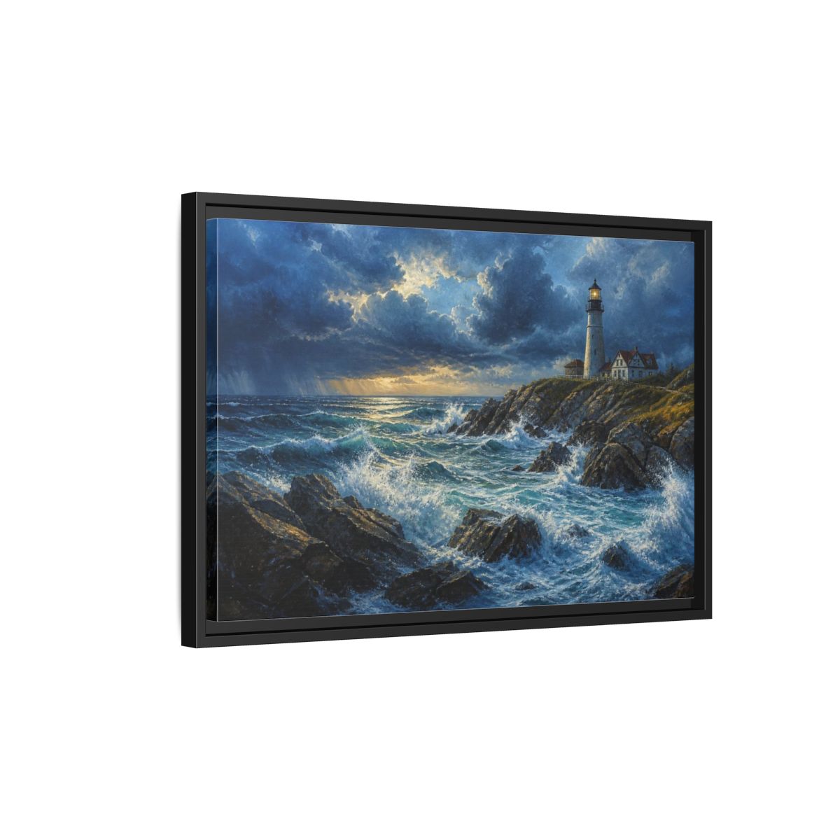 Side Mockup 3. Stormy Lighthouse Landscape shown as framed canvas print