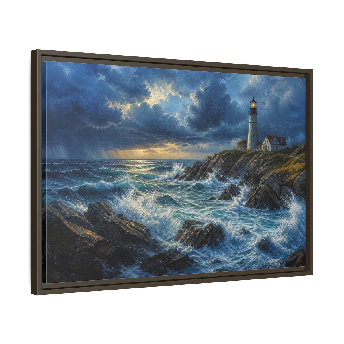Side Mockup 11. Stormy Lighthouse Landscape shown as framed canvas print