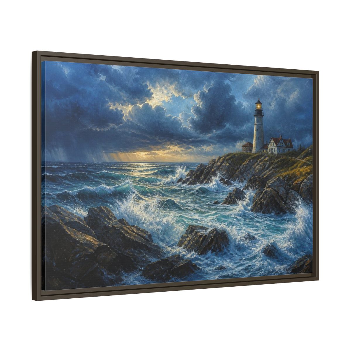 Main Mockup. Stormy Lighthouse Landscape shown as framed canvas print
