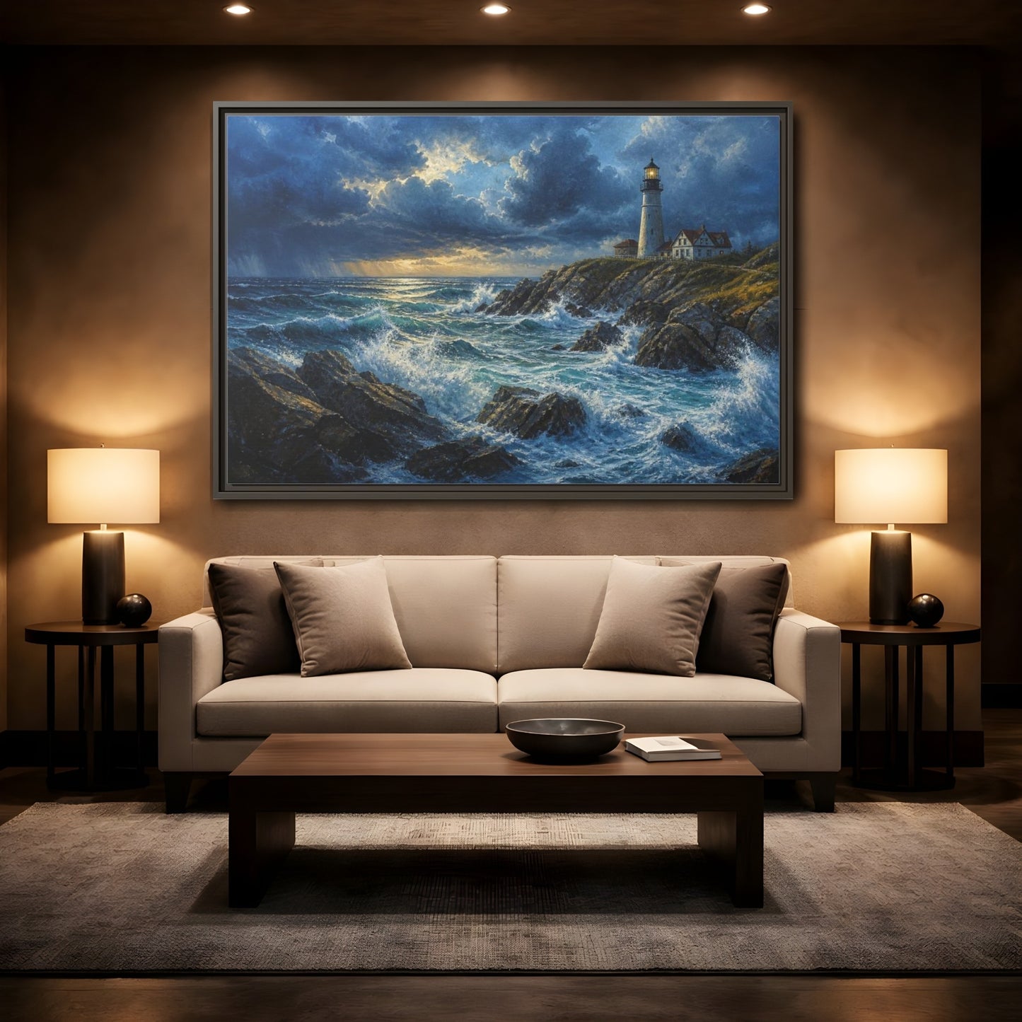 Mockup 2. Stormy Lighthouse Landscape shown as framed canvas print