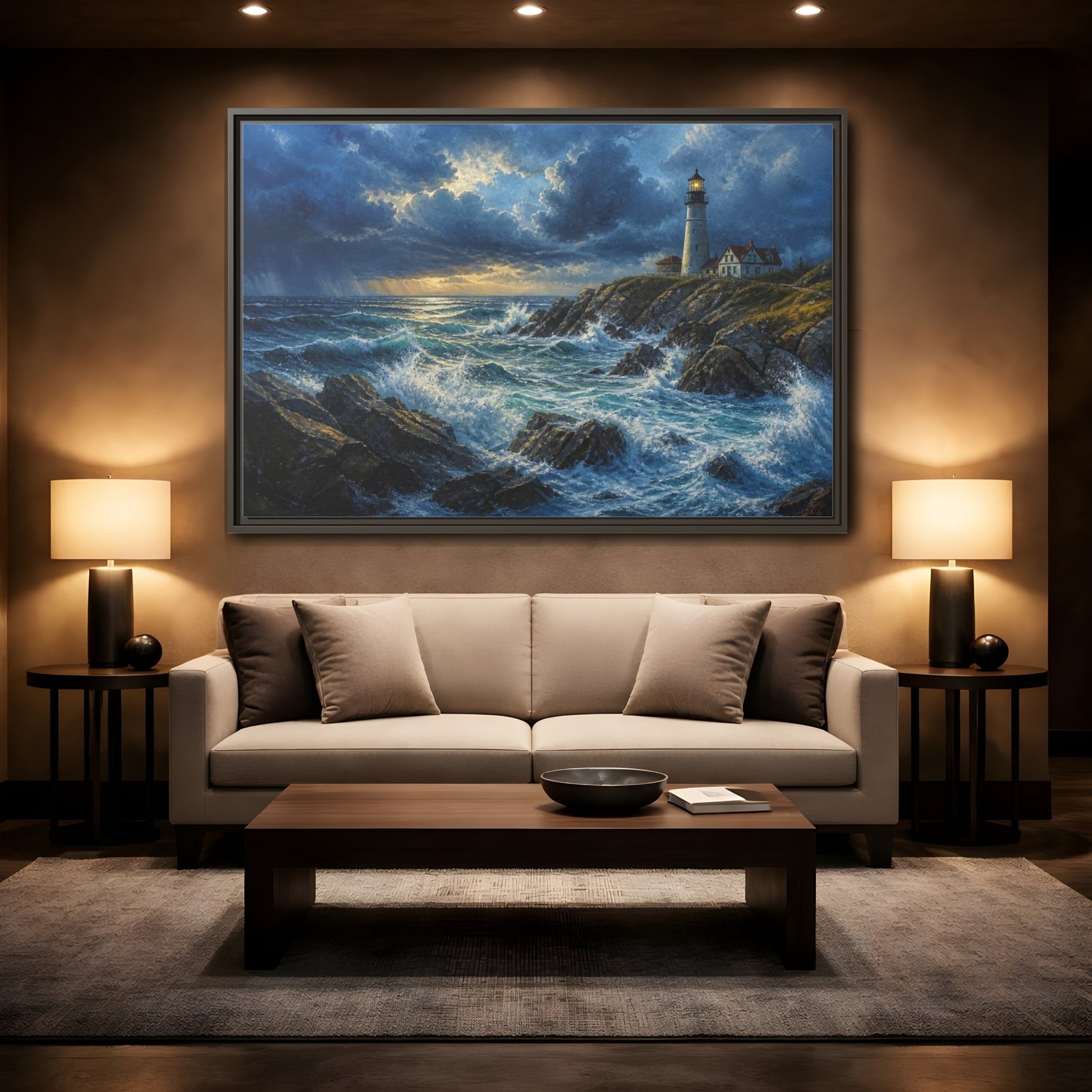 Mockup 2. Stormy Lighthouse Landscape shown as framed canvas print