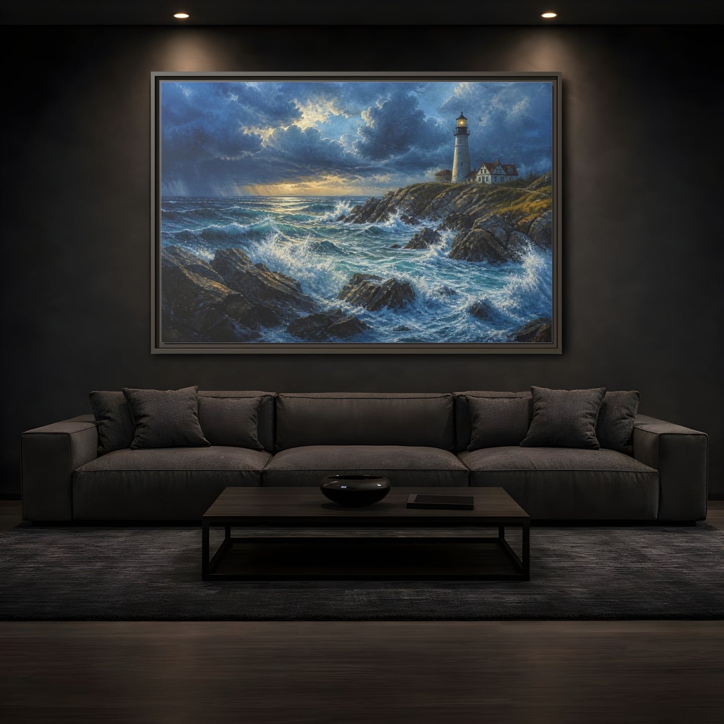 Mockup 3. Stormy Lighthouse Landscape shown as framed canvas print