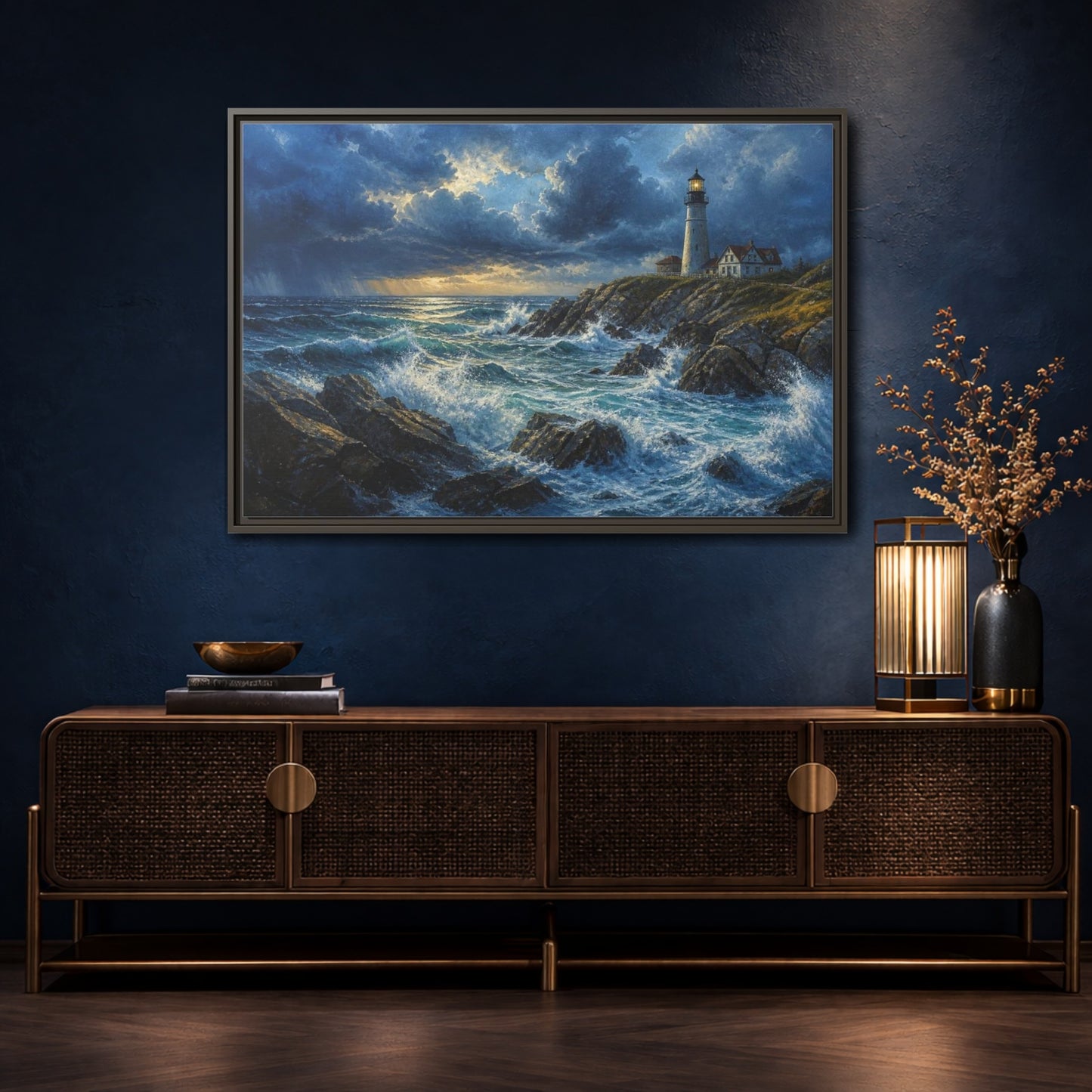 Mockup 4. Stormy Lighthouse Landscape shown as framed canvas print