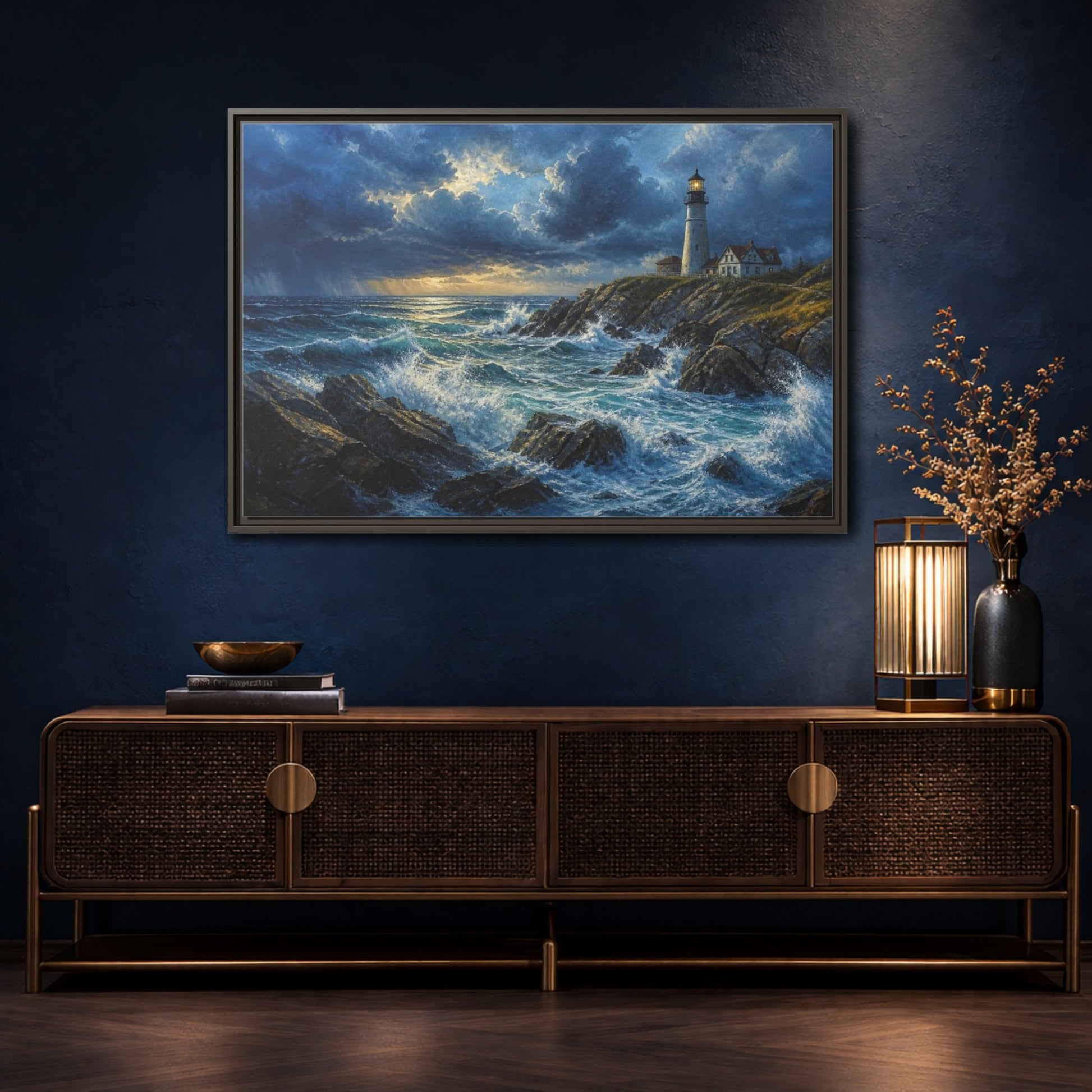 Mockup 4. Stormy Lighthouse Landscape shown as framed canvas print
