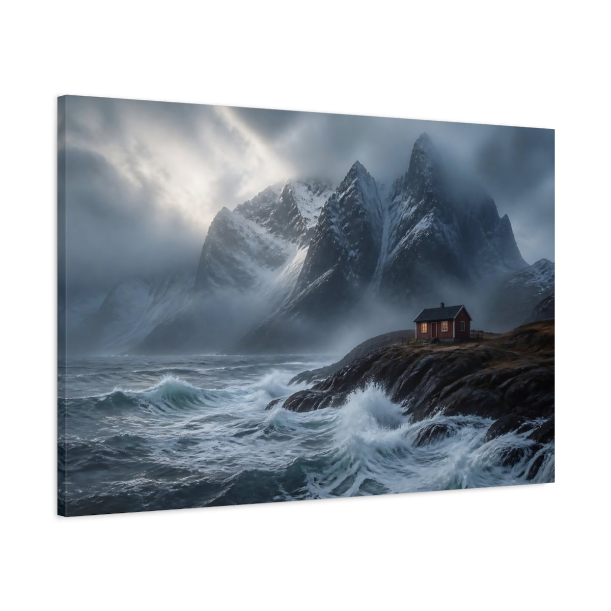 Main Mockup. Stormy Mountain Cabin shown as canvas print