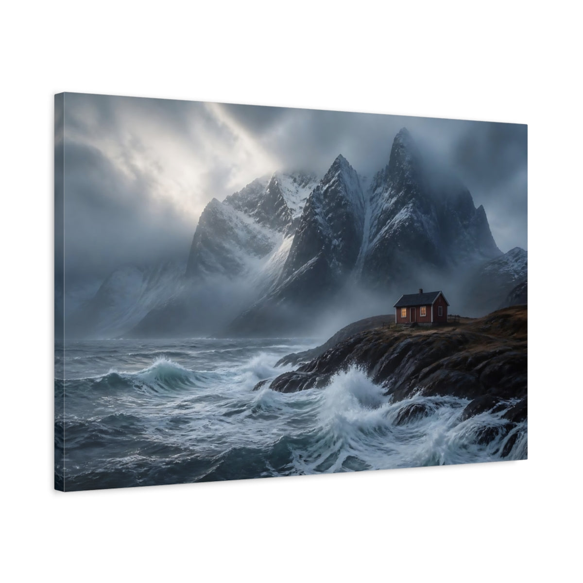 Side Mockup 2. Stormy Mountain Cabin shown as canvas print