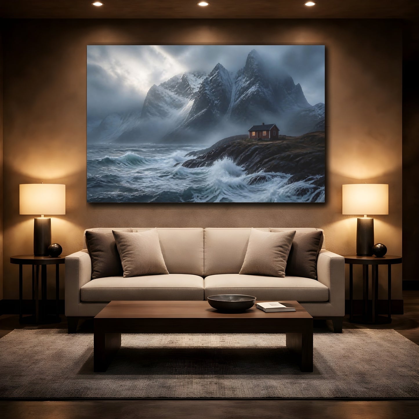 Mockup 2. Stormy Mountain Cabin shown as canvas print