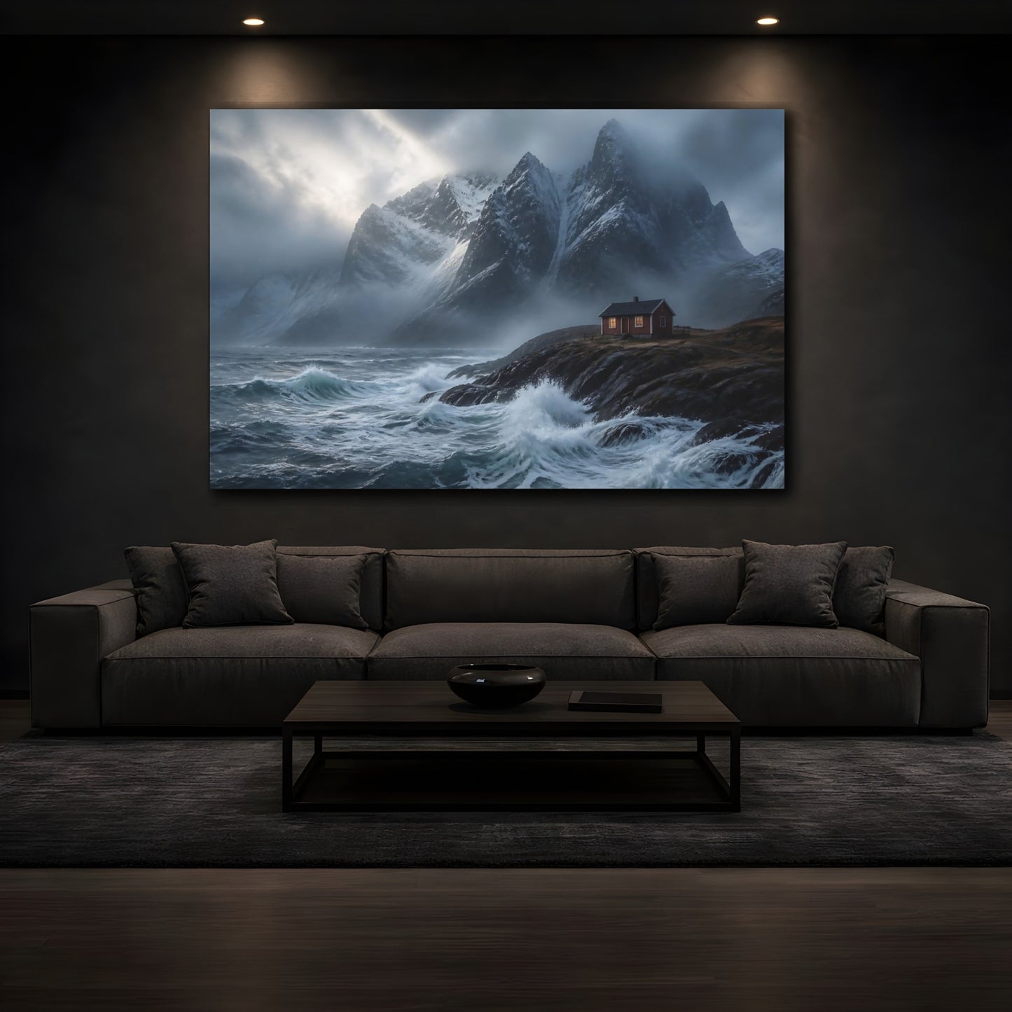 Mockup 3. Stormy Mountain Cabin shown as canvas print