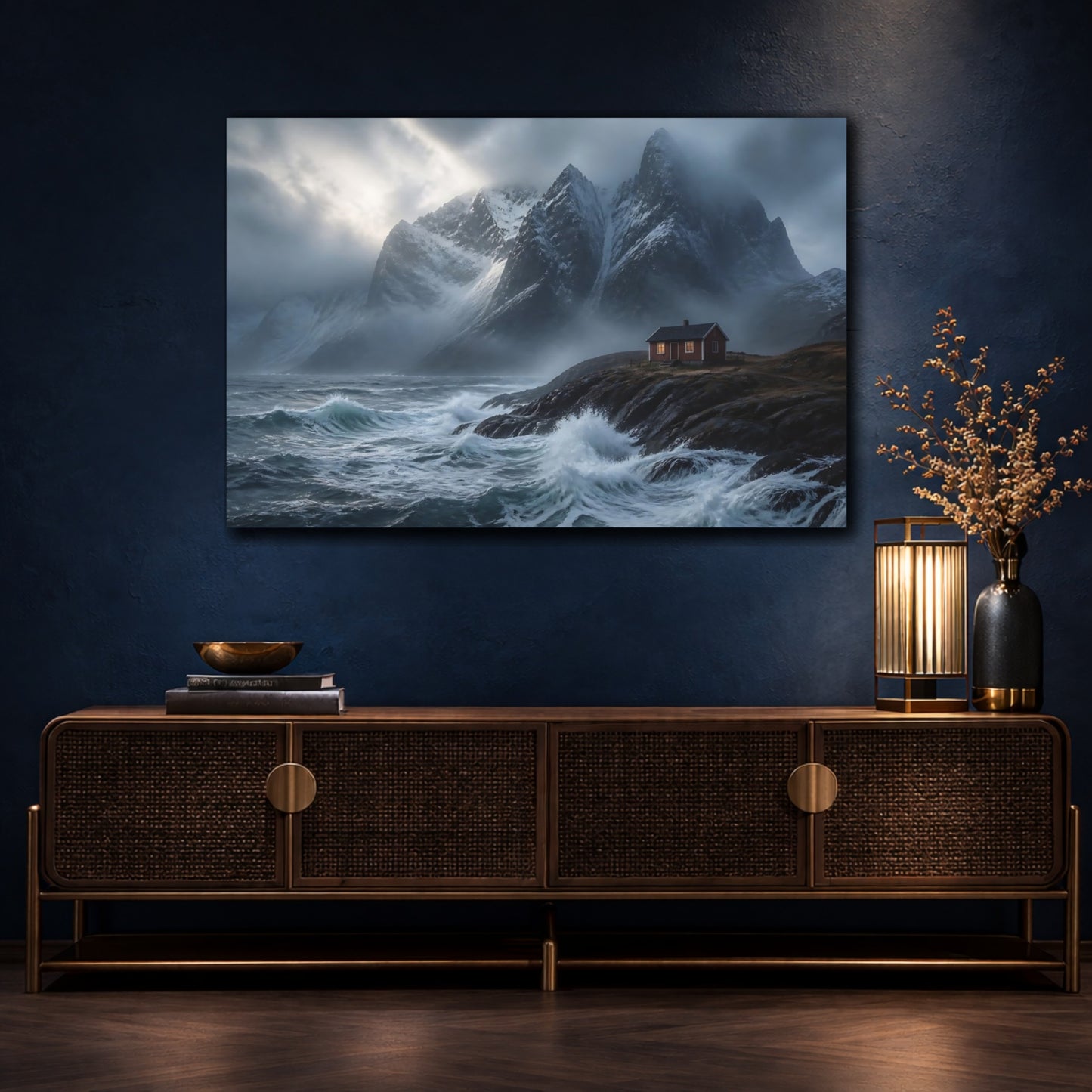 Mockup 4. Stormy Mountain Cabin shown as canvas print