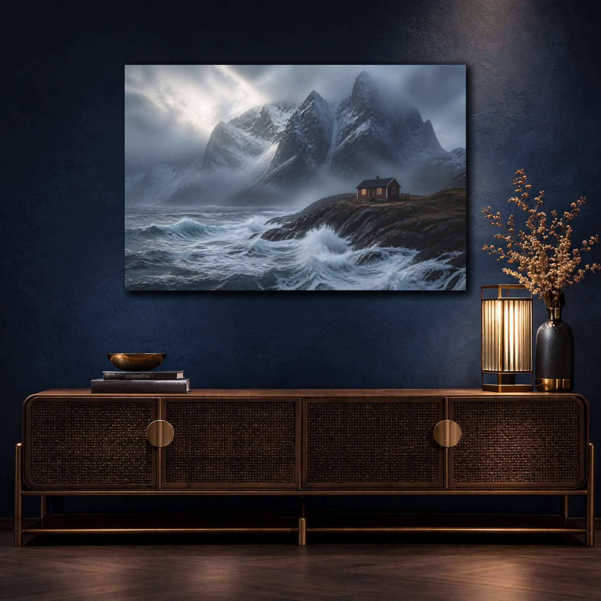 Mockup 4. Stormy Mountain Cabin shown as canvas print