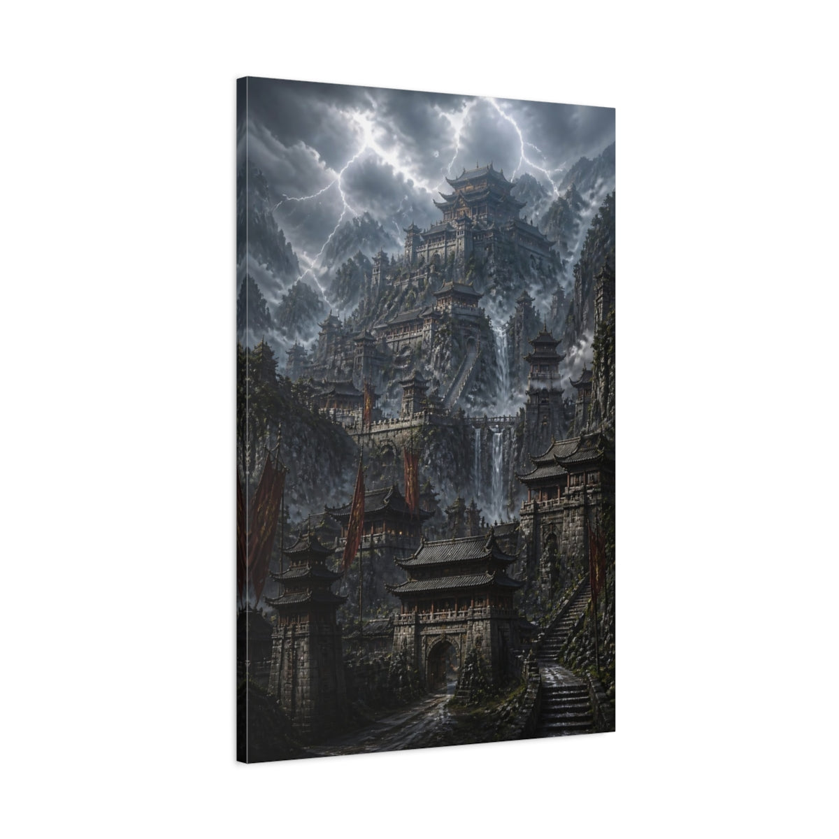 Main Mockup. Stormy Mountain Fortress shown as canvas print