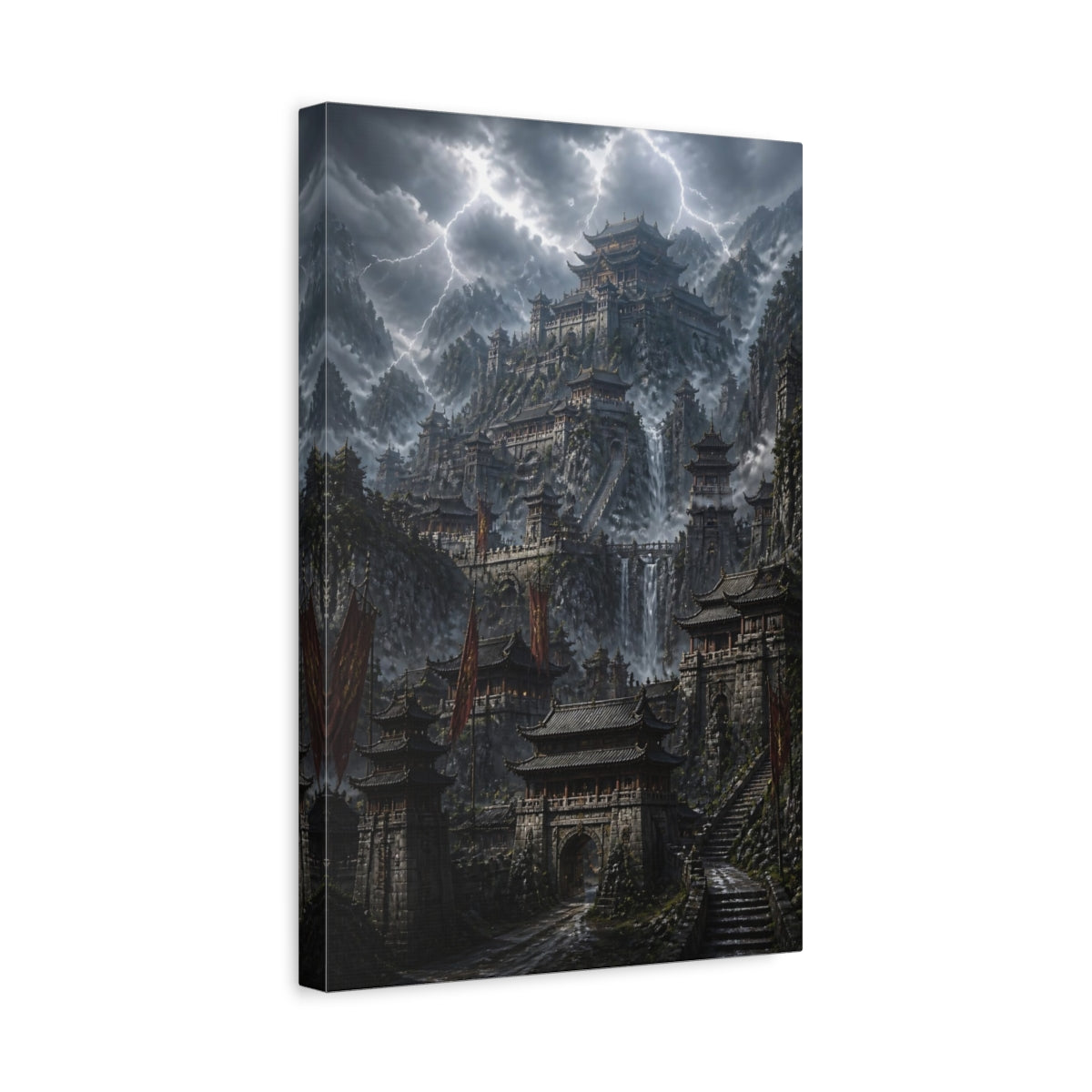 Side Mockup 4. Stormy Mountain Fortress shown as canvas print