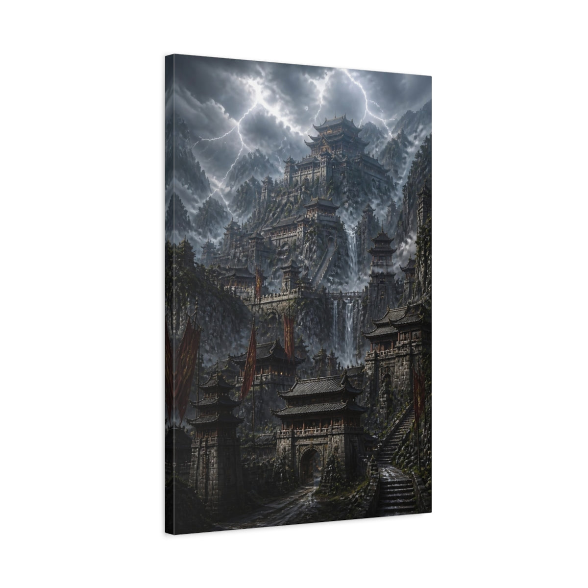 Side Mockup 2. Stormy Mountain Fortress shown as canvas print