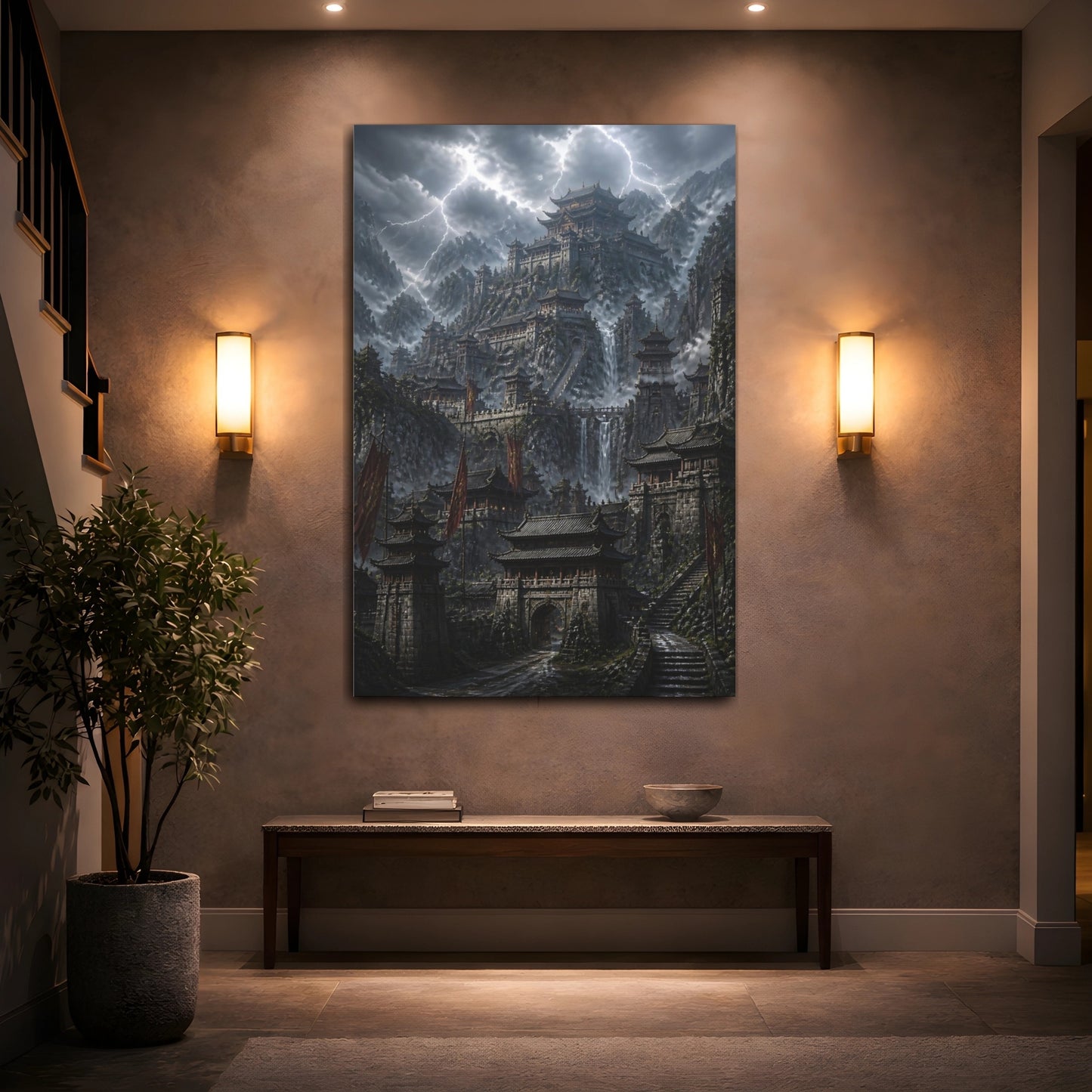 Mockup 2. Stormy Mountain Fortress shown as canvas print