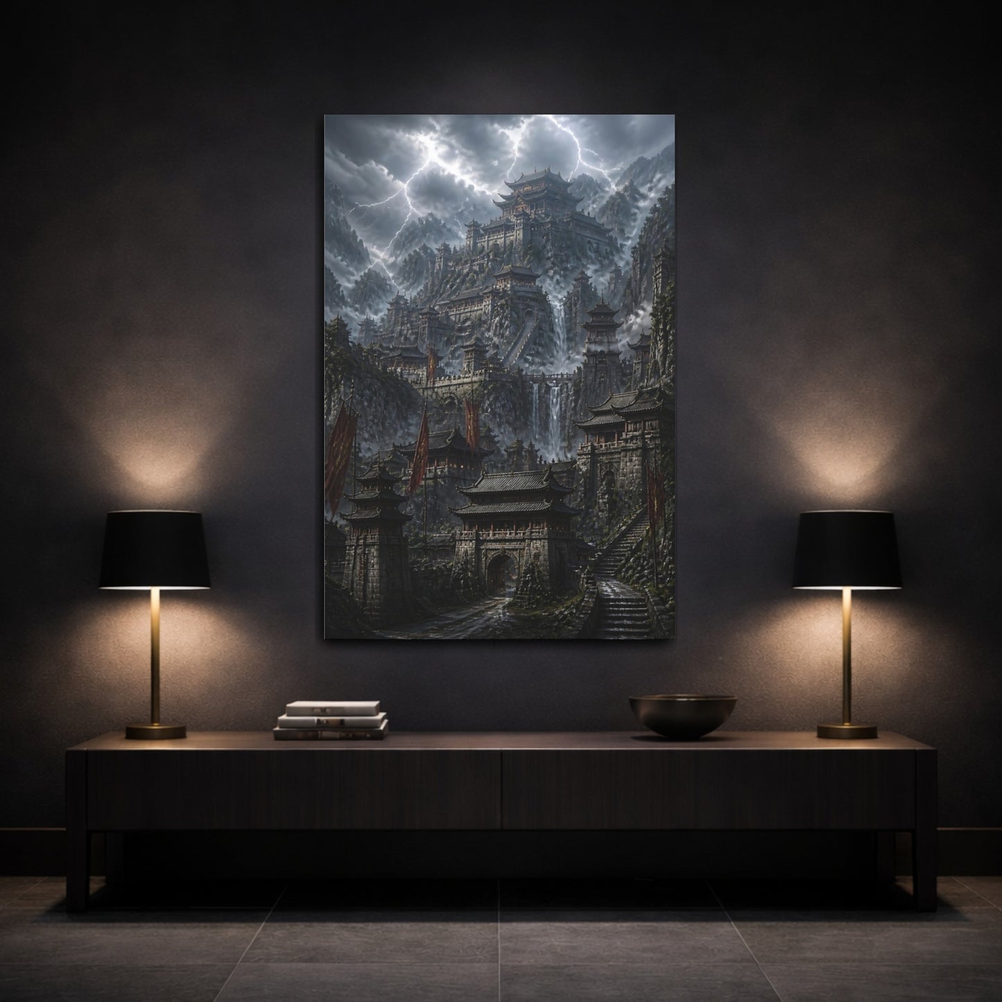Mockup 3. Stormy Mountain Fortress shown as canvas print