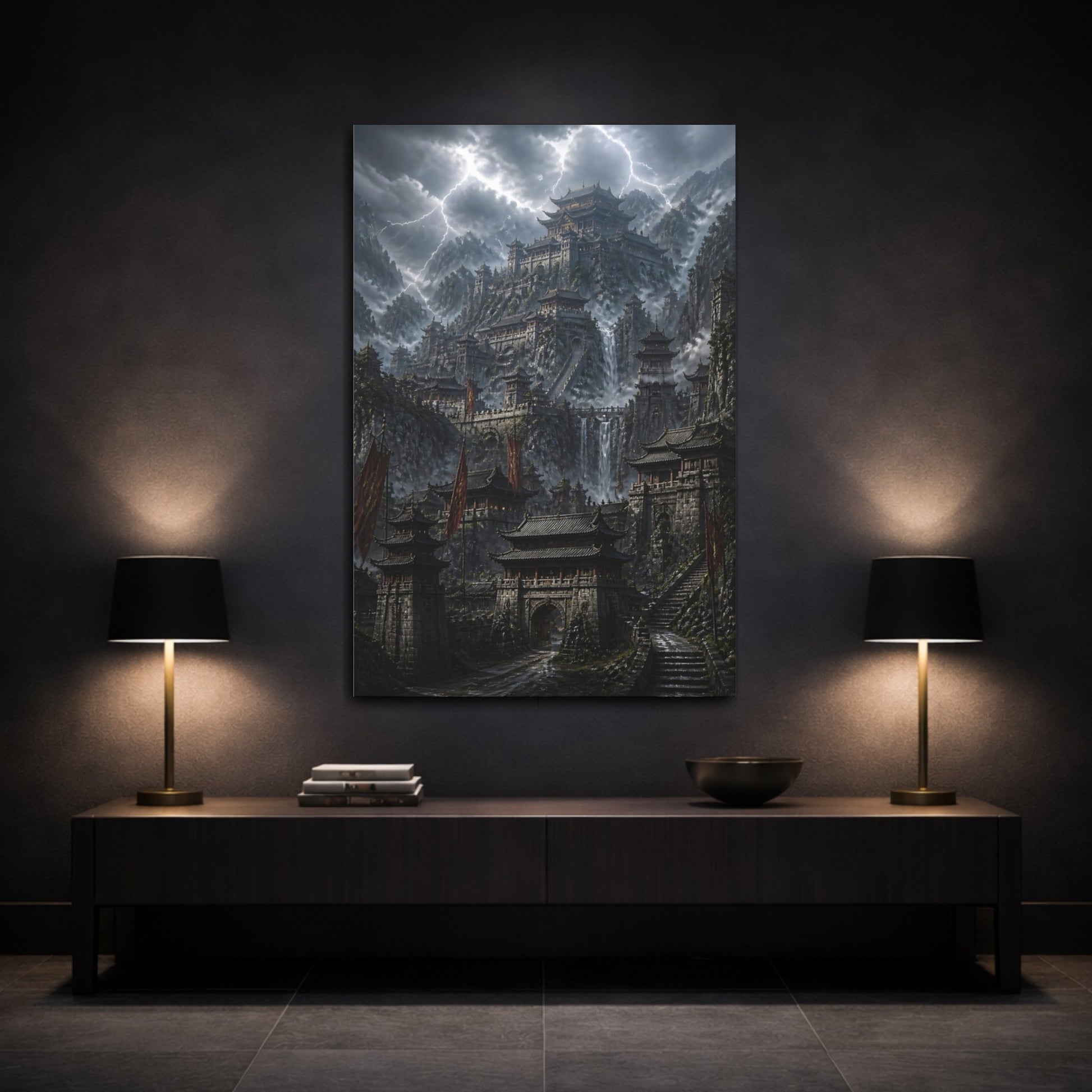 Mockup 3. Stormy Mountain Fortress shown as canvas print