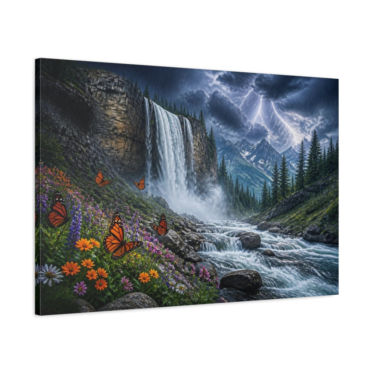 Main Mockup. Stormy Mountain Waterfall With Butterflies shown as canvas print