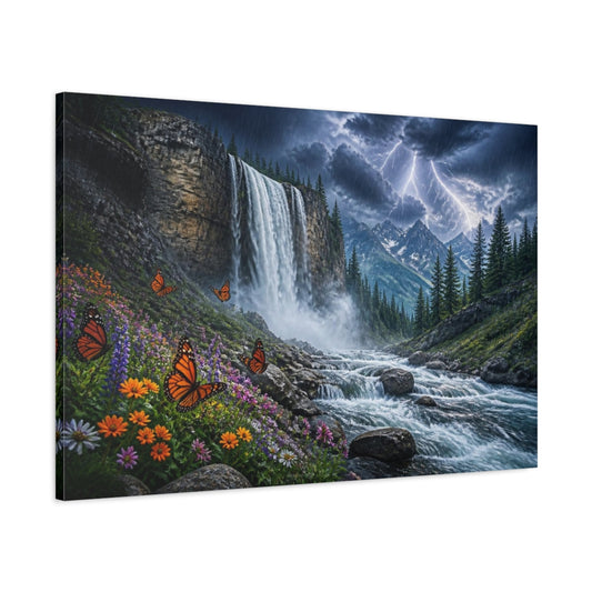 Main Mockup. Stormy Mountain Waterfall With Butterflies shown as canvas print