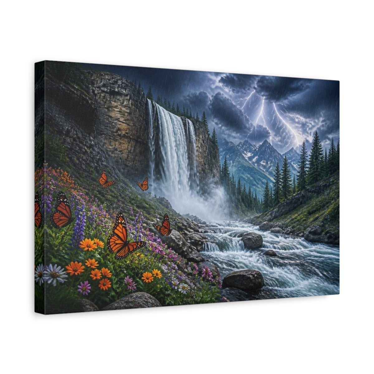 Side Mockup 4. Stormy Mountain Waterfall With Butterflies shown as canvas print