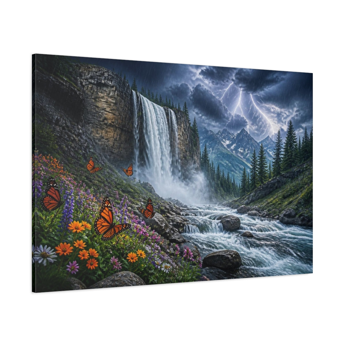 Side Mockup 1. Stormy Mountain Waterfall With Butterflies shown as canvas print