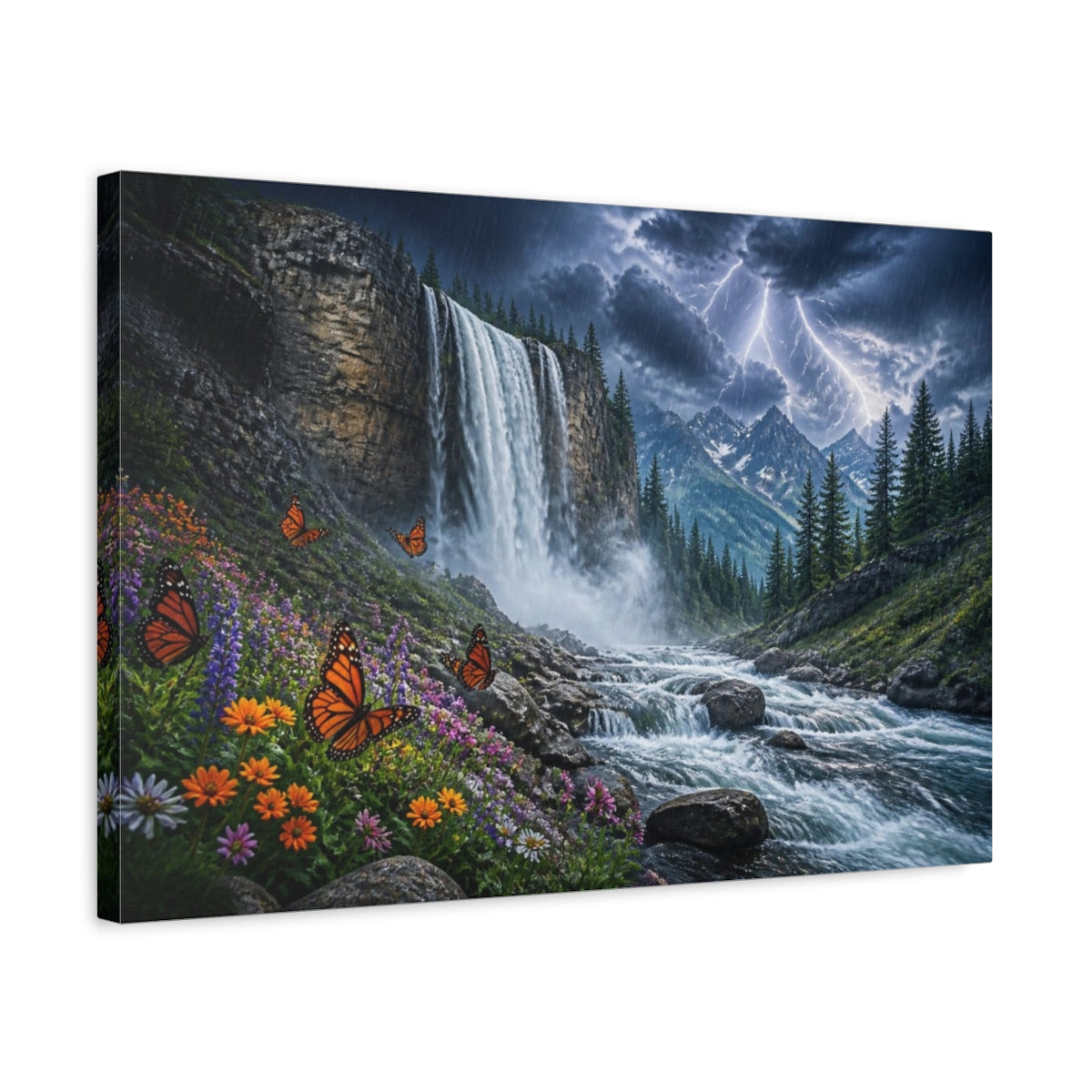 Side Mockup 3. Stormy Mountain Waterfall With Butterflies shown as canvas print