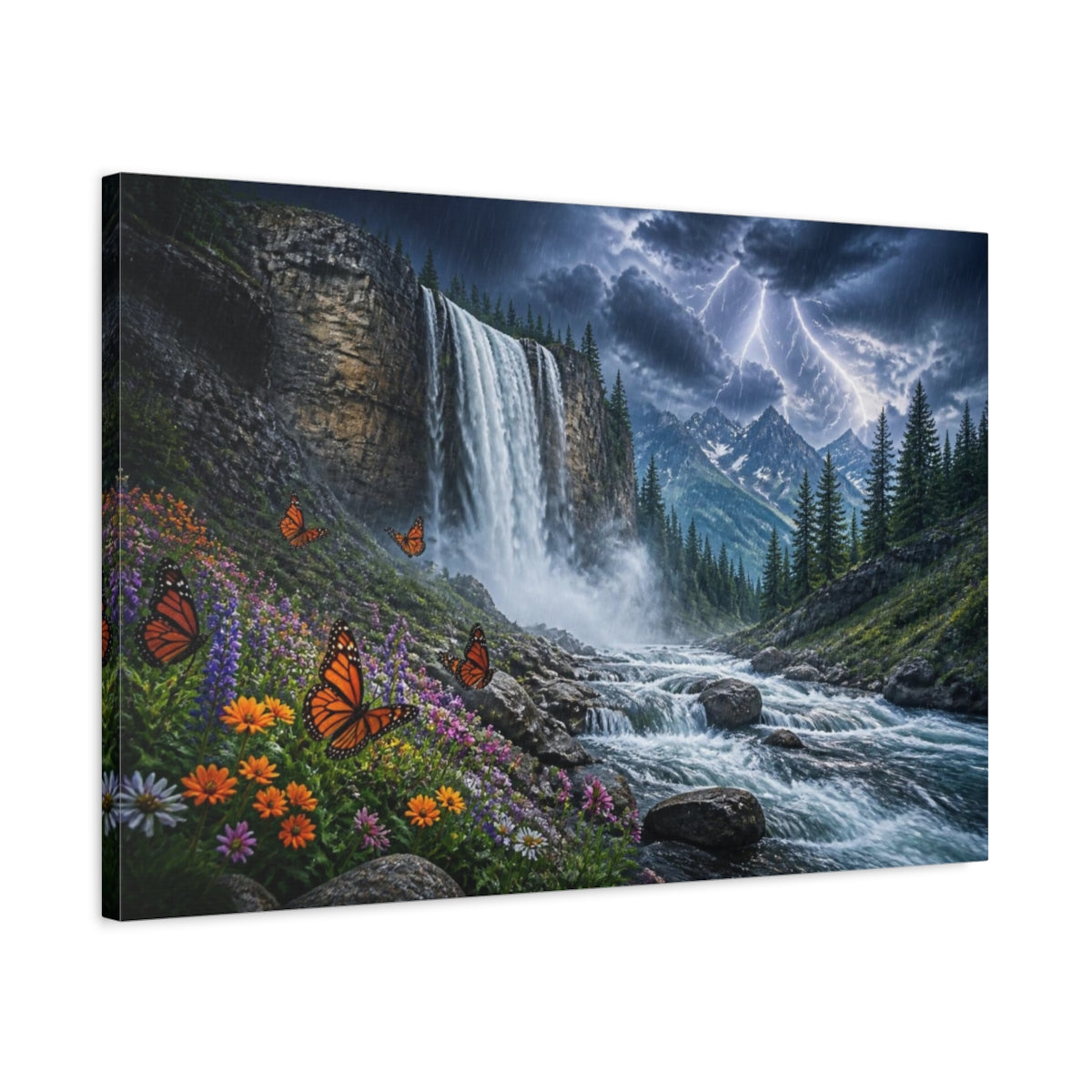 Side Mockup 2. Stormy Mountain Waterfall With Butterflies shown as canvas print