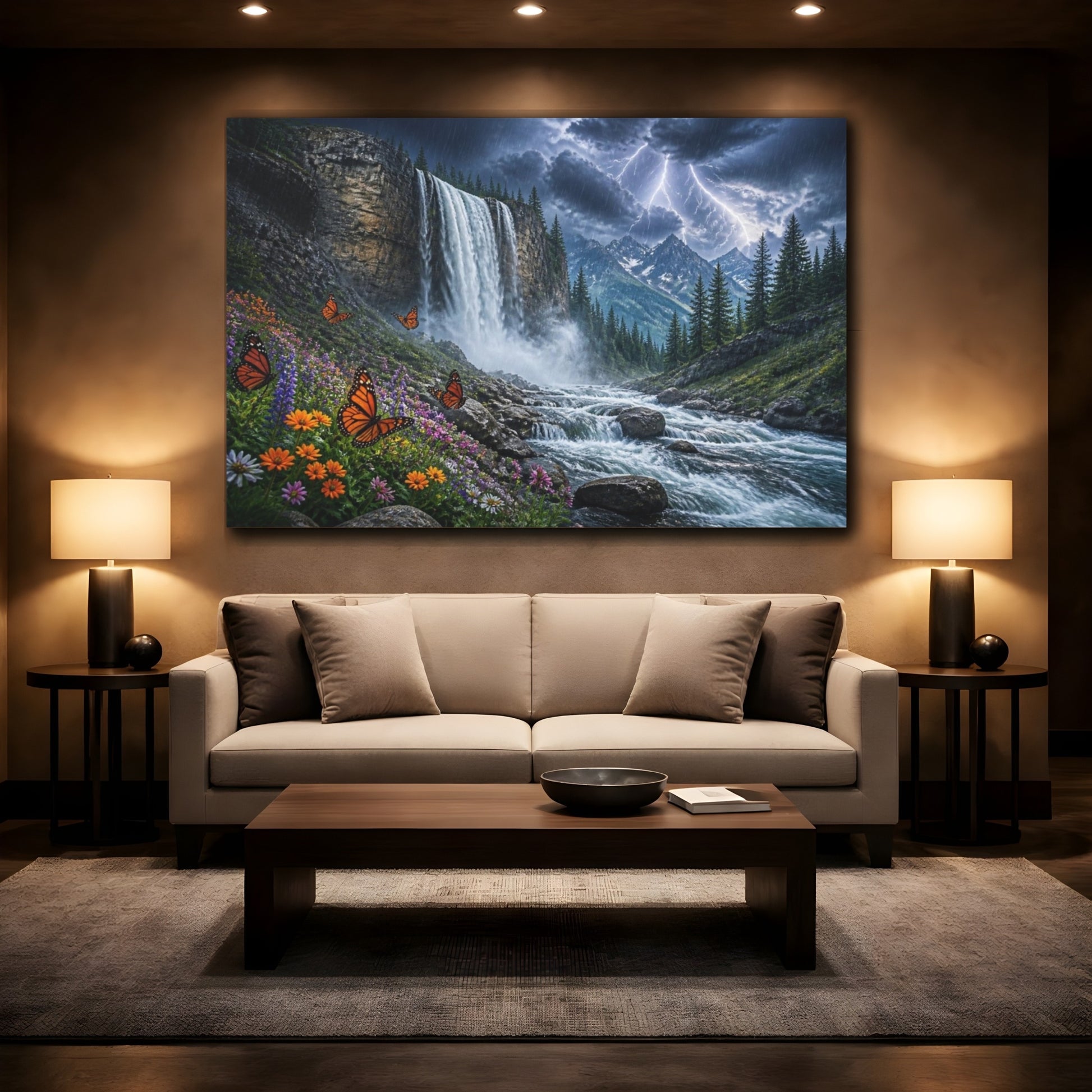 Mockup 2. Stormy Mountain Waterfall With Butterflies shown as canvas print