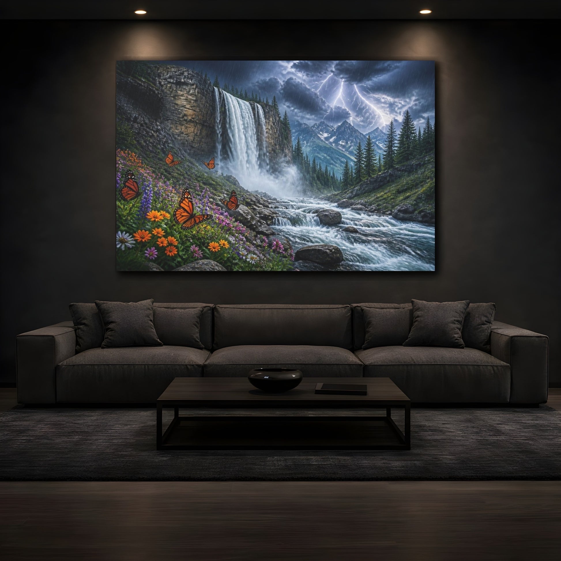 Mockup 3. Stormy Mountain Waterfall With Butterflies shown as canvas print