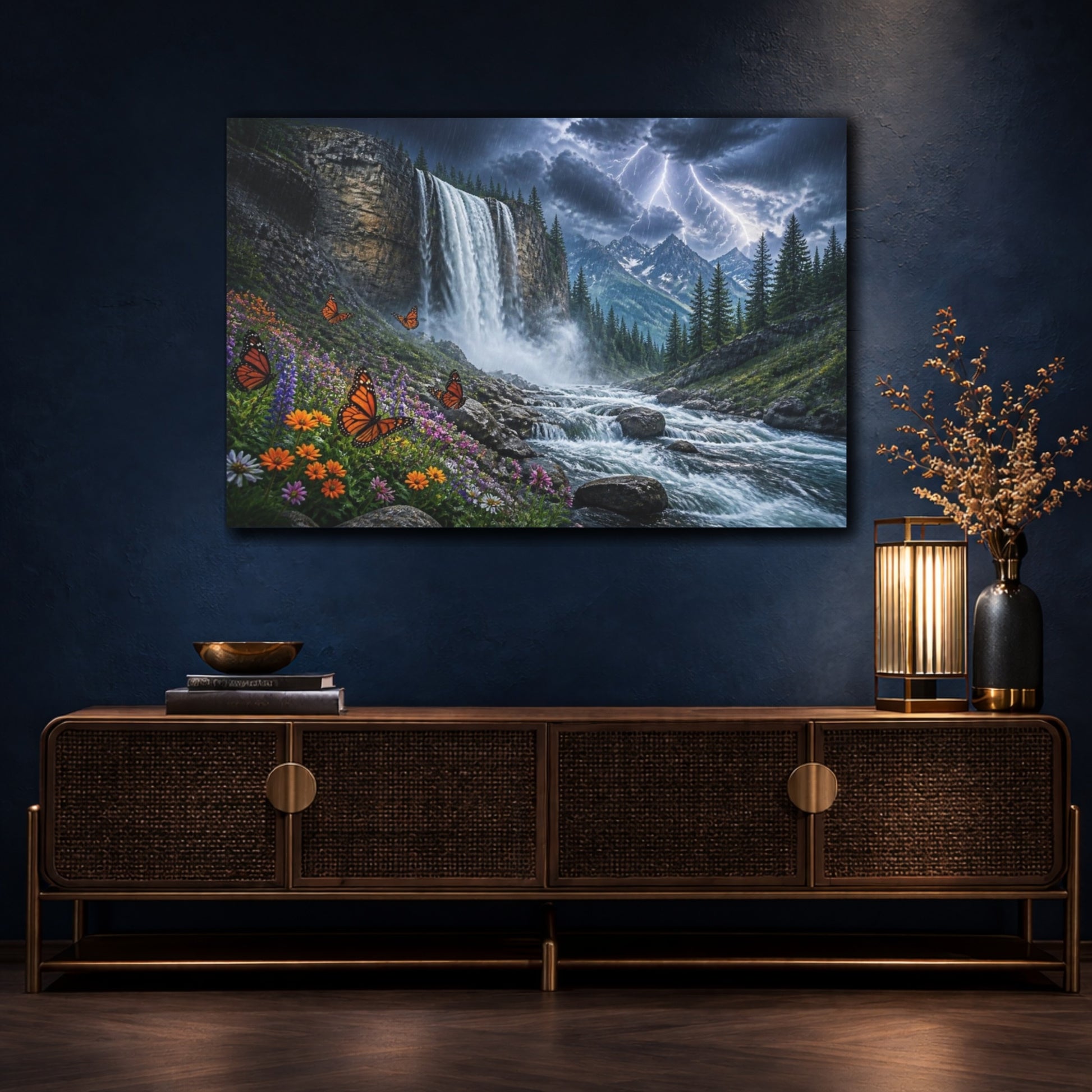 Mockup 4. Stormy Mountain Waterfall With Butterflies shown as canvas print