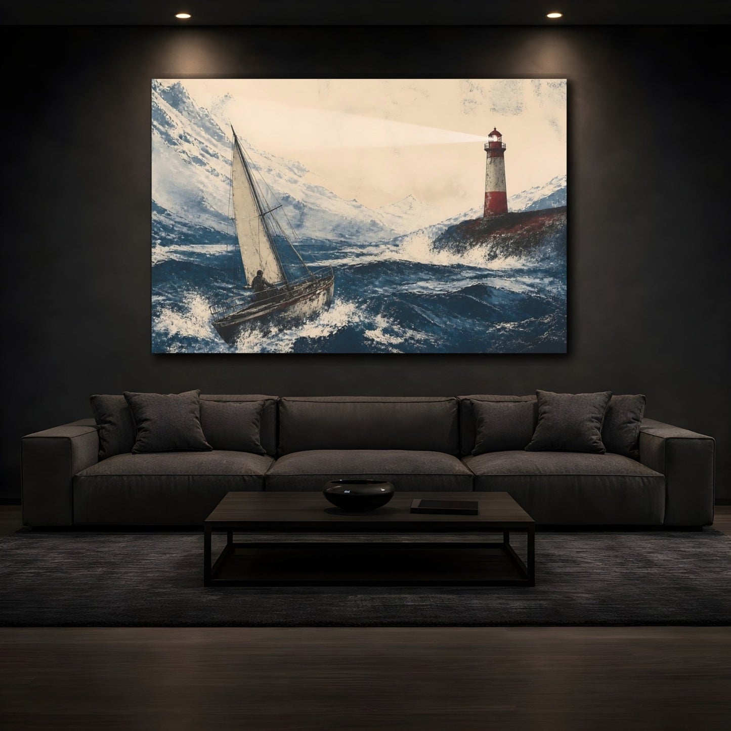 Stormy Sailboat & Lighthouse Canvas Print – Living Room, Above Fireplace - YesArtYes