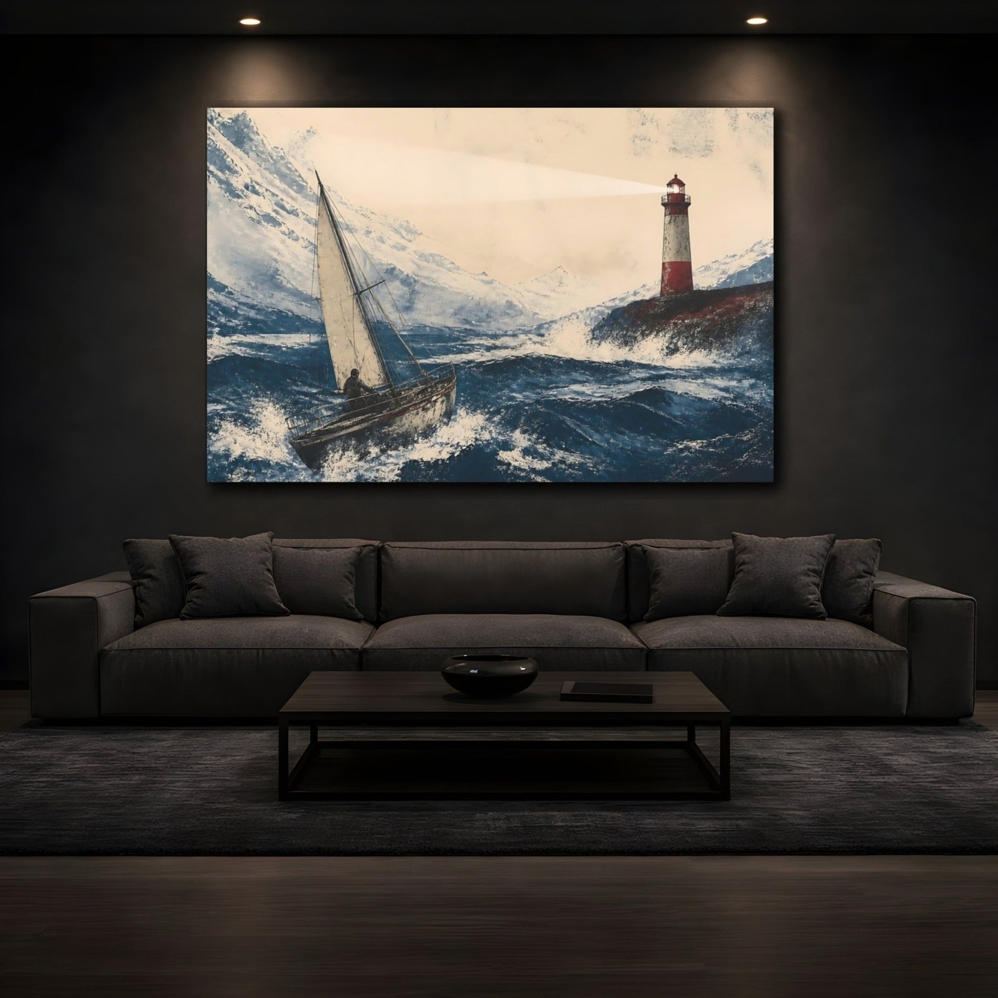 Stormy Sailboat & Lighthouse Canvas Print – Living Room, Above Fireplace - YesArtYes