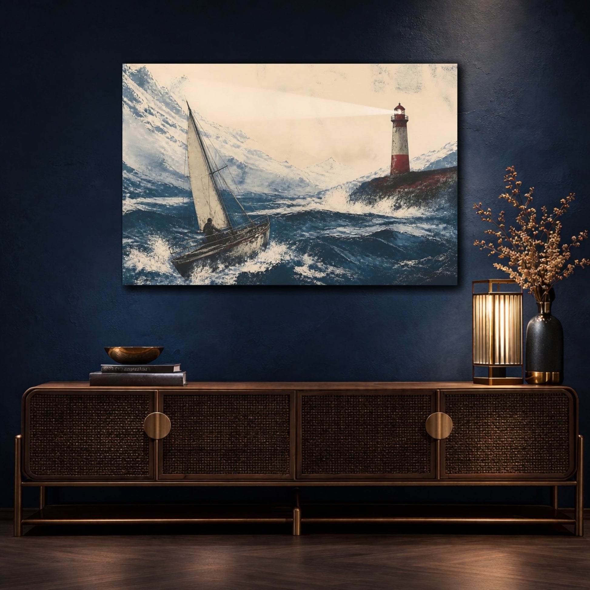 Stormy Sailboat & Lighthouse Canvas Print – Living Room, Above Fireplace - YesArtYes