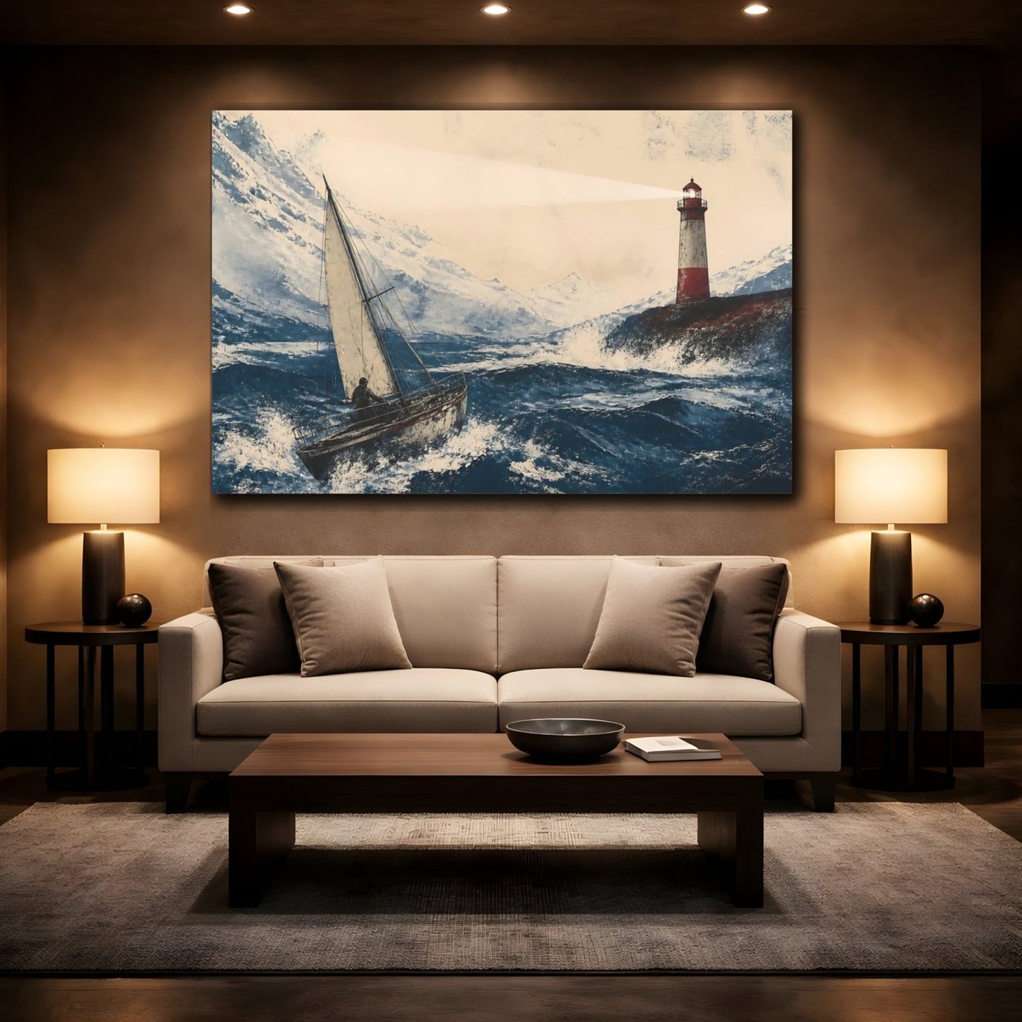 Stormy Sailboat & Lighthouse Canvas Print – Living Room, Above Fireplace - YesArtYes