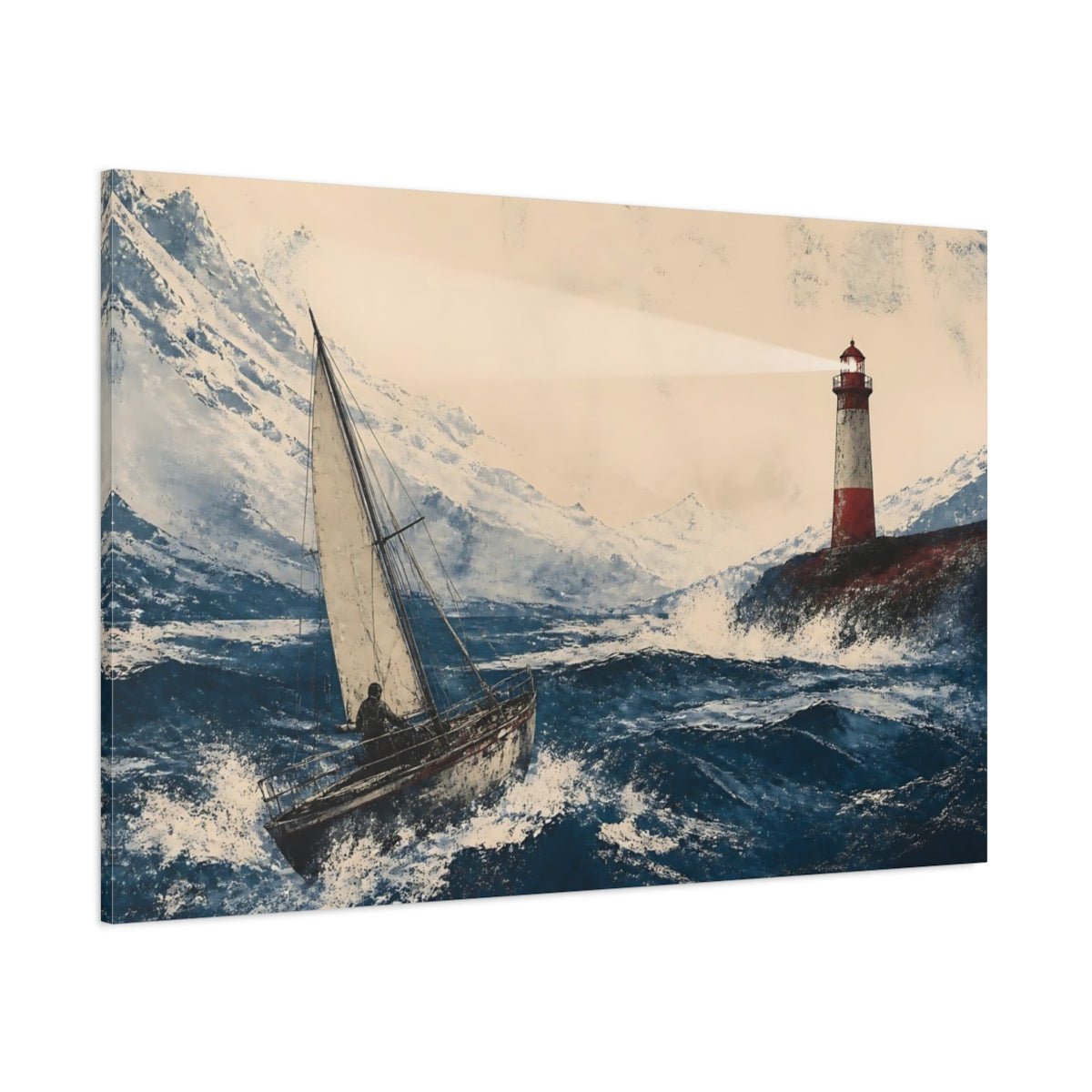 Stormy Sailboat & Lighthouse Canvas Print – Living Room, Above Fireplace - YesArtYes