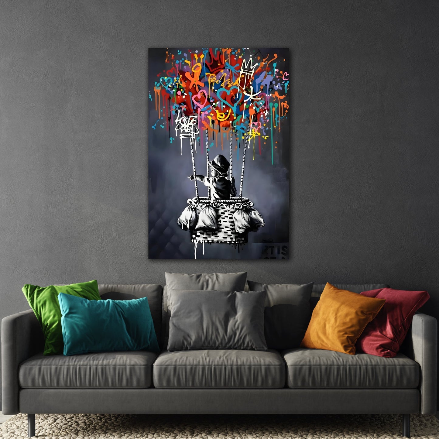 Street Wall Art Splendor - Banksy Child with Balloons Decor - Urban Graffiti Canvas Print