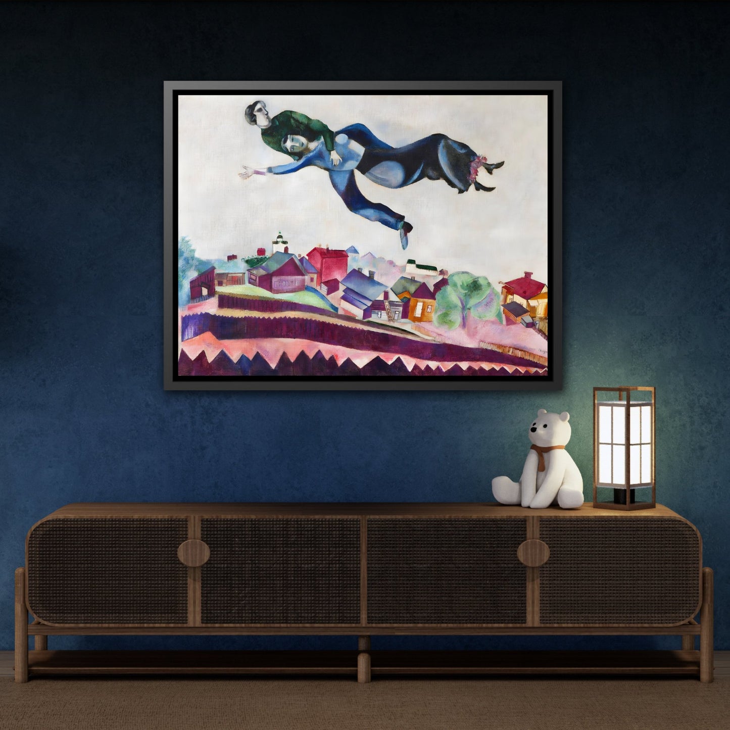 Stretched Framed Canvas Wall Art Print in Frame - Famous Artist Chagall Above the City