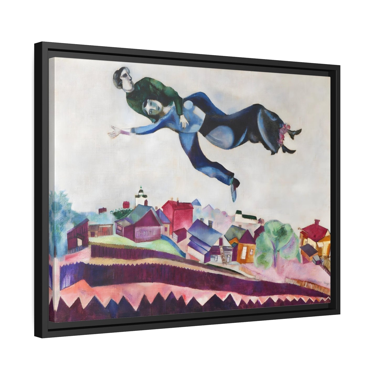 Stretched Framed Canvas Wall Art Print in Frame - Famous Artist Chagall Above the City