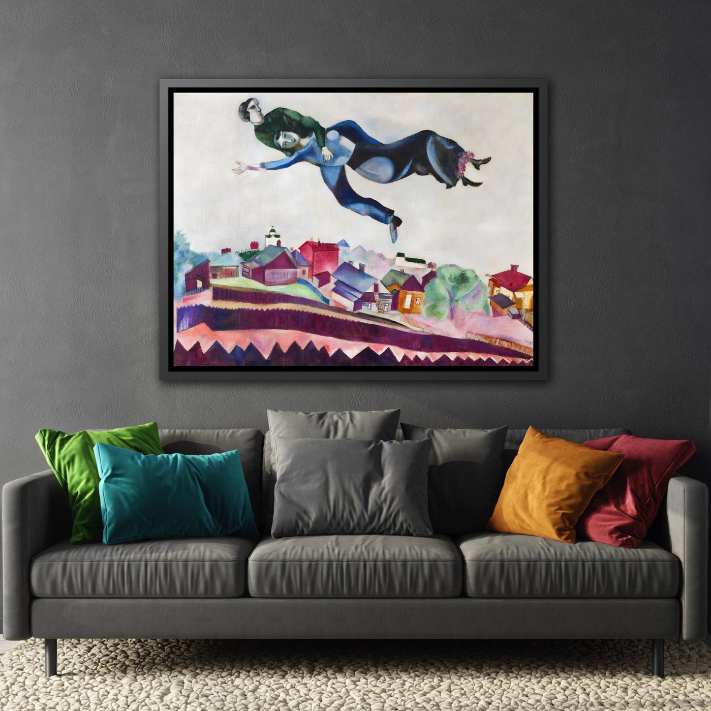 Stretched Framed Canvas Wall Art Print in Frame - Famous Artist Chagall Above the City