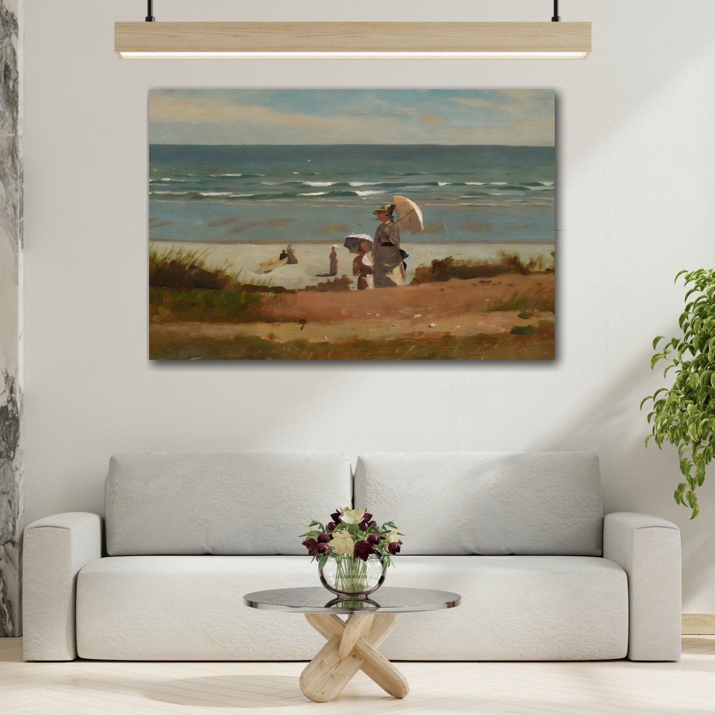 Stretched Framed Sea Landscape Canvas Wall Art Print Reproduction - Winslow Homer On the Beach at Marshfield