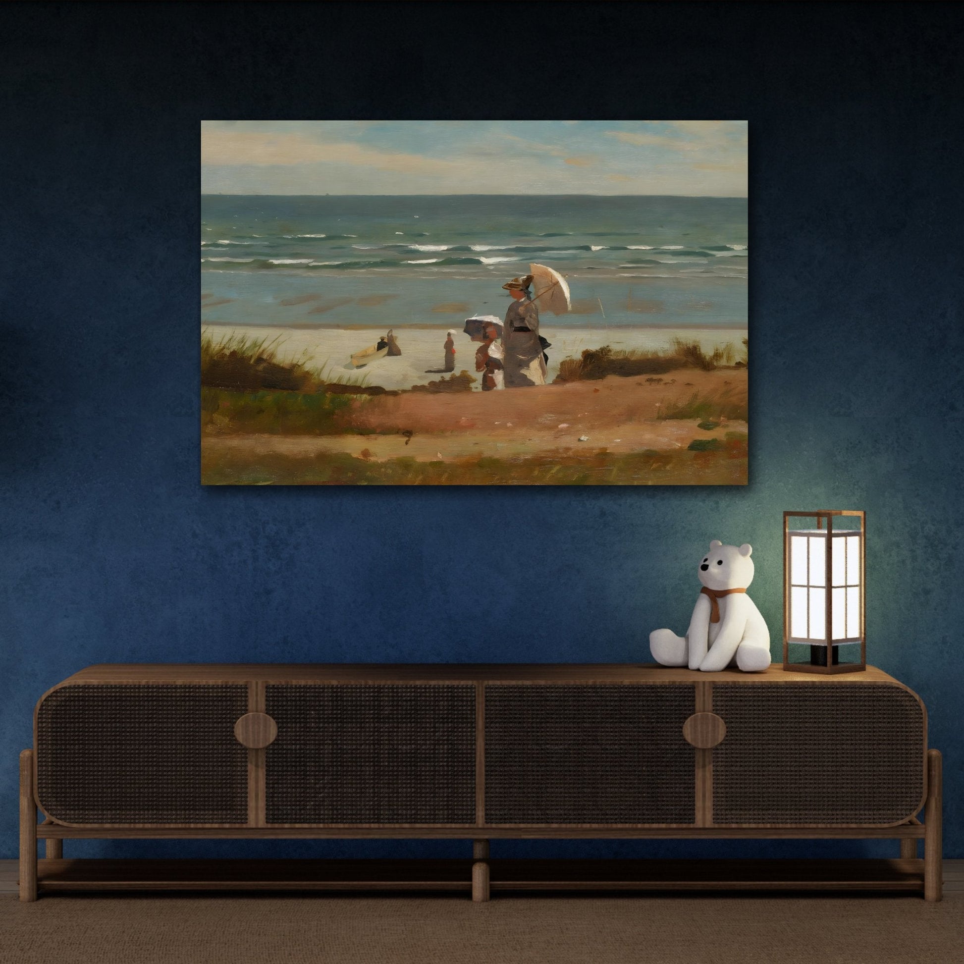 Stretched Framed Sea Landscape Canvas Wall Art Print Reproduction - Winslow Homer On the Beach at Marshfield