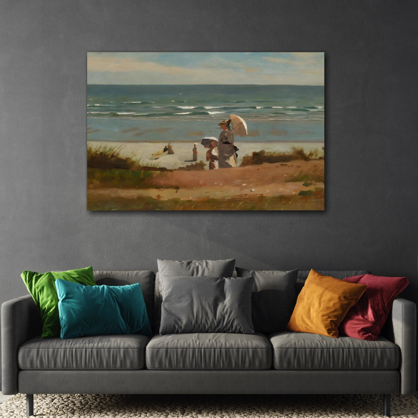 Stretched Framed Sea Landscape Canvas Wall Art Print Reproduction - Winslow Homer On the Beach at Marshfield