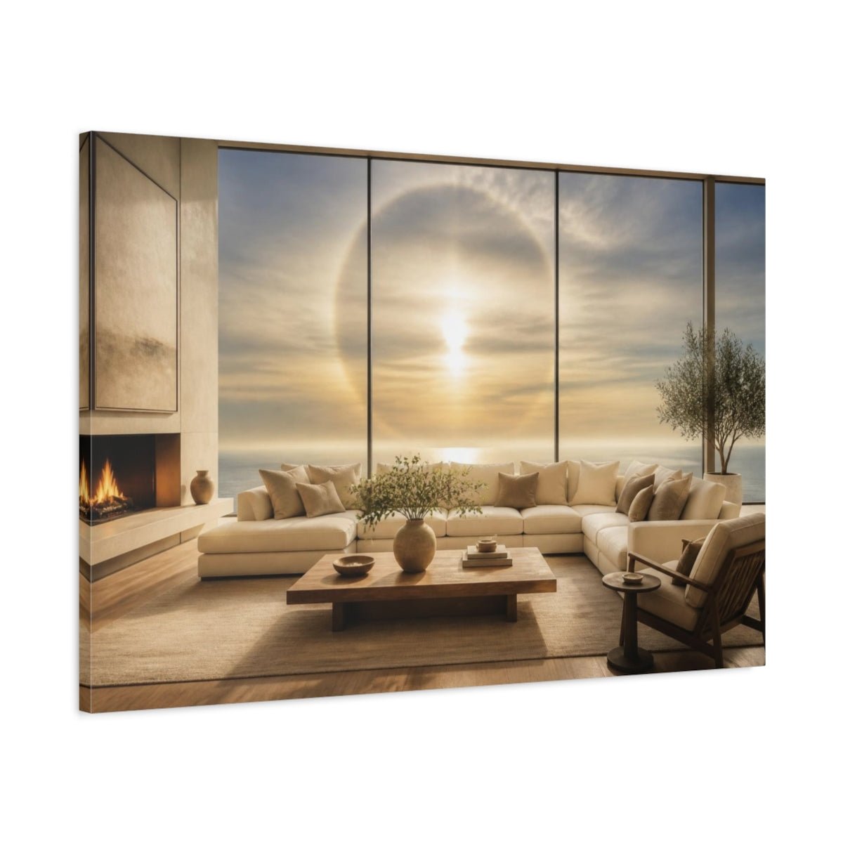 Sun Halo Living Room View Canvas Print – Above Sofa, Butter Yellow & Smoke Blue - YesArtYes