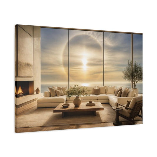 Sun Halo Living Room View Canvas Print – Above Sofa, Butter Yellow & Smoke Blue - YesArtYes