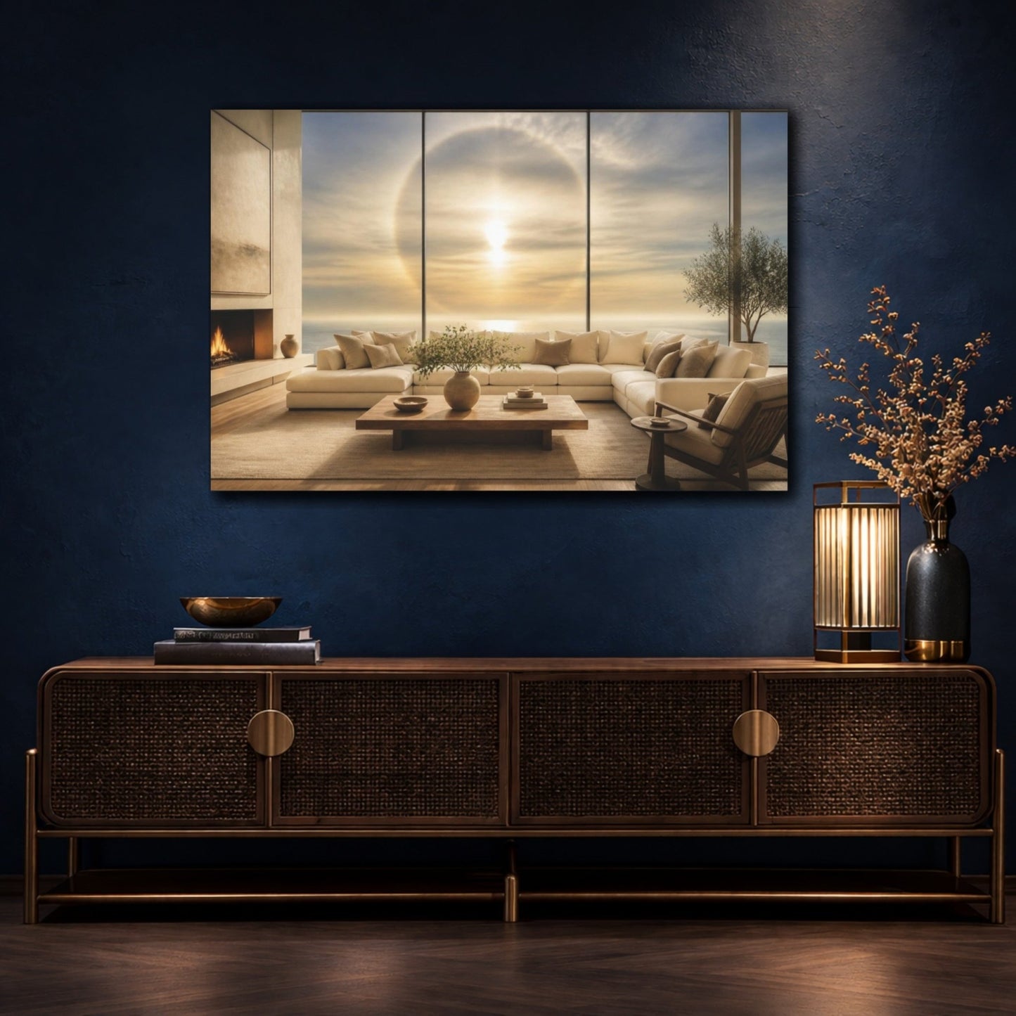 Sun Halo Living Room View Canvas Print – Above Sofa, Butter Yellow & Smoke Blue - YesArtYes