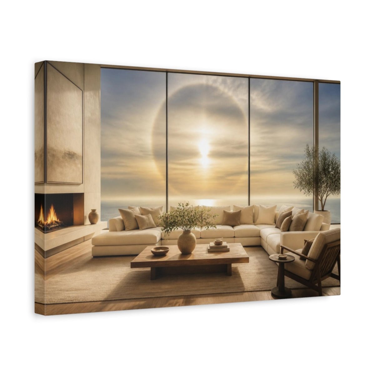 Sun Halo Living Room View Canvas Print – Above Sofa, Butter Yellow & Smoke Blue - YesArtYes