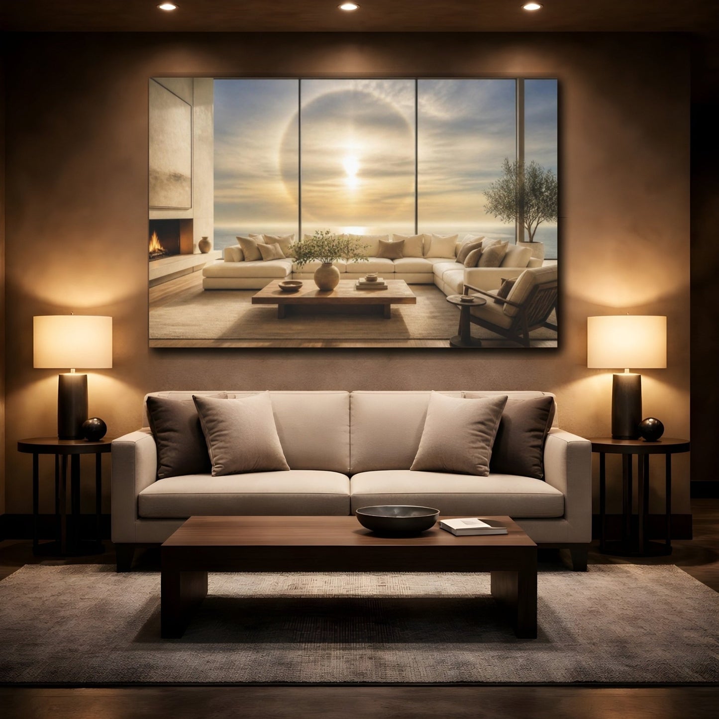 Sun Halo Living Room View Canvas Print – Above Sofa, Butter Yellow & Smoke Blue - YesArtYes