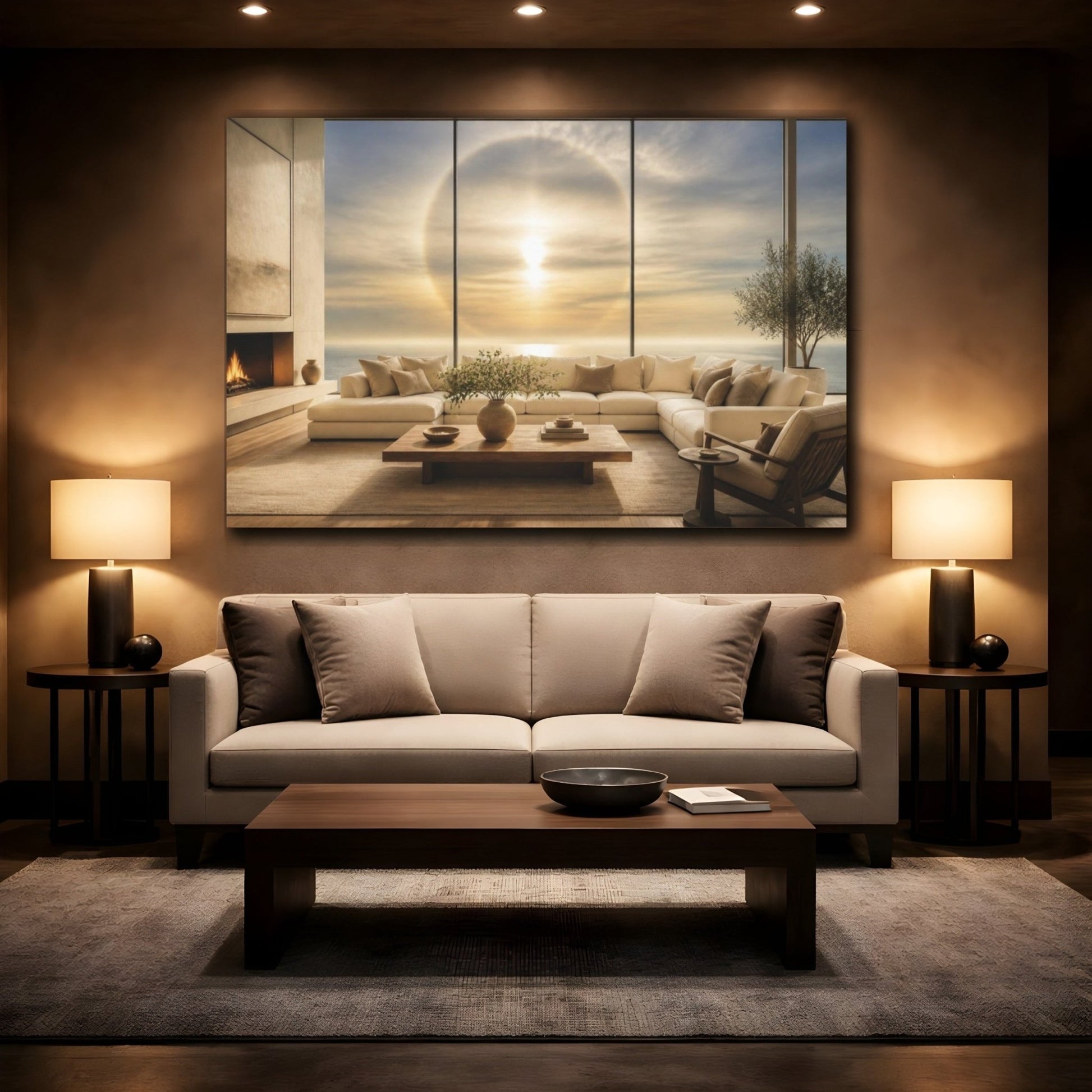 Sun Halo Living Room View Canvas Print – Above Sofa, Butter Yellow & Smoke Blue - YesArtYes