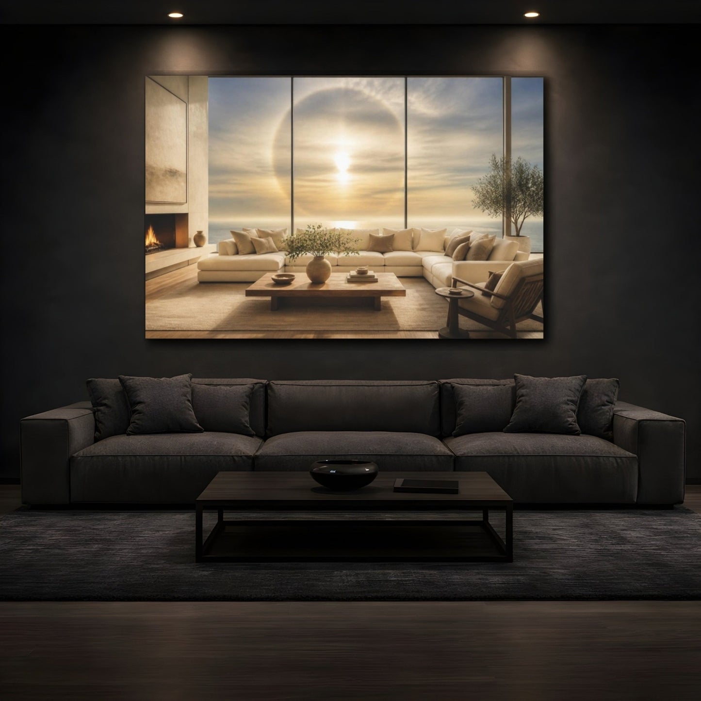 Sun Halo Living Room View Canvas Print – Above Sofa, Butter Yellow & Smoke Blue - YesArtYes