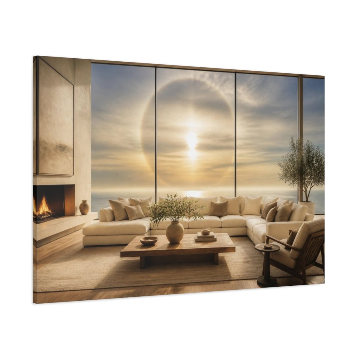 Sun Halo Living Room View Canvas Print – Above Sofa, Butter Yellow & Smoke Blue - YesArtYes